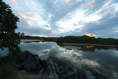 Scenic view of lake against sky at sunset