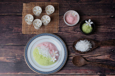 High angle view of breakfast on table