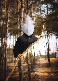 Man standing by tree trunk in forest