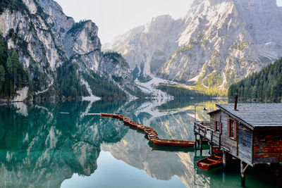 Scenic view of lake with mountain range in background