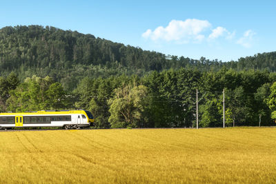 Train traveling through agricultural fields and forest, at sunrise, in schwabisch hall germany. 