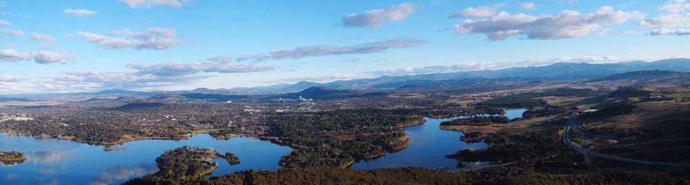 Panoramic view of lake and mountains against sky