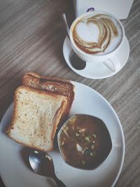 High angle view of breakfast served on table