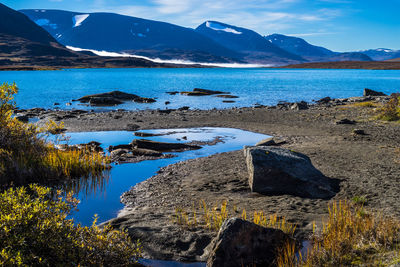 Scenic view of lake by mountains against sky