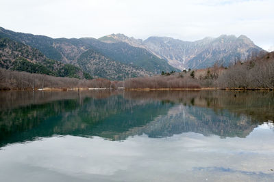 Scenic view of lake and mountains against sky