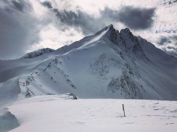 Scenic view of snow covered mountains against sky