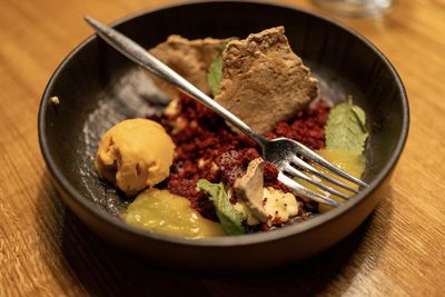 High angle view of food in bowl on table