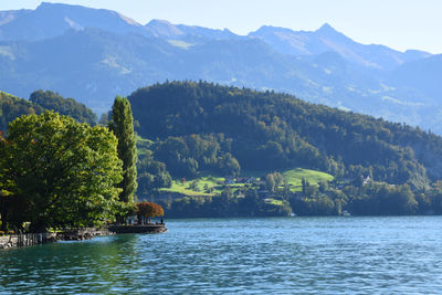 Scenic view of lake and mountains against sky