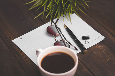 High angle view of coffee on table