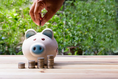 Cropped hand putting coin in piggy bank on table