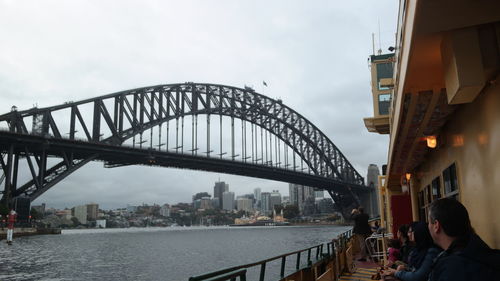 Bridge over river with city in background