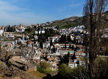 High angle shot of townscape against sky