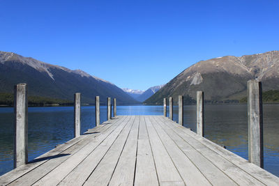 Wooden pier over lake against clear blue sky