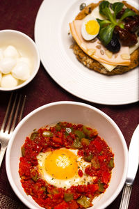 High angle view of breakfast served on table