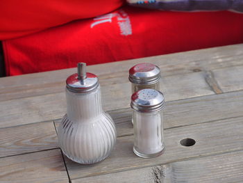 High angle view of coffee cups on table