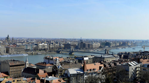 High angle view of city buildings against sky