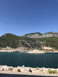 Scenic view of sea against clear blue sky