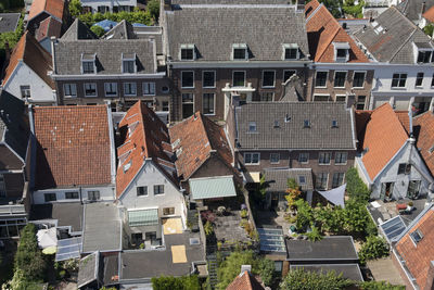 High angle view of residential buildings in city