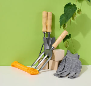 Garden tools for processing beds in the garden and textile gloves on a green background, close up