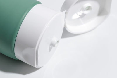 High angle view of medicines on white background