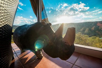 Man hand by window against sky