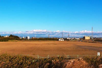 Scenic view of field against blue sky