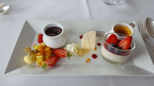 High angle view of dessert served on table