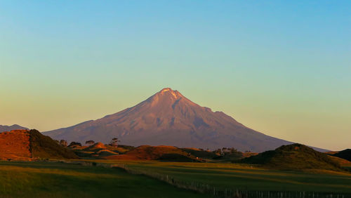 Scenic view of snowcapped mountains against clear sky