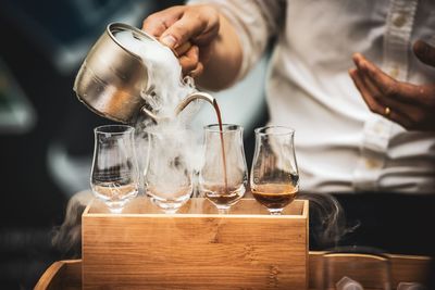 High angle view of wine glasses on table