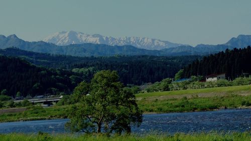 Scenic view of landscape and mountains against sky