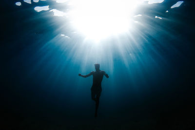 Low angle view of silhouette person swimming in sea