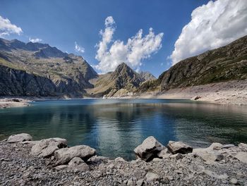 Scenic view of lake and mountains against sky