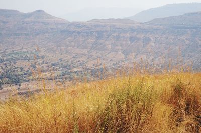 Scenic view of landscape and mountains against sky