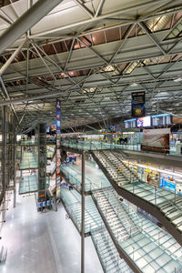 High angle view of illuminated railroad station platform