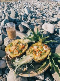 An ocean breeze puts a mind in peace. high angle view of a dish.