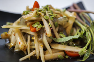 Close-up of pasta served in plate