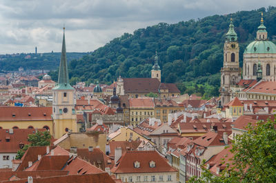 High angle view of houses in town