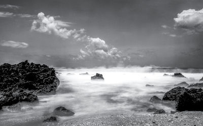 Panoramic view of sea and rocks against sky