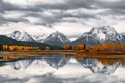 Scenic view of lake and mountains against sky