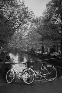 Bicycle parked by canal in city