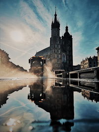 Reflection of building on water in city