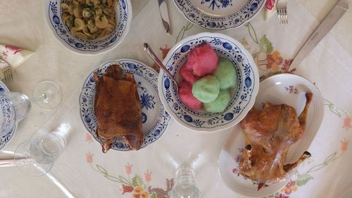 High angle view of breakfast served on table