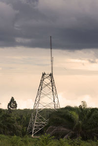 Electricity pylon on field against sky during sunset