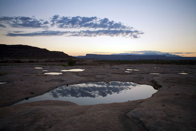 Clouds reflection in waterhole on rocks against sky