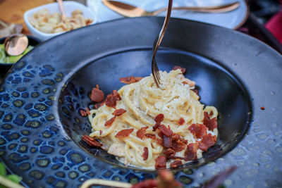 High angle view of breakfast on table