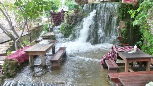 Scenic view of waterfall against trees