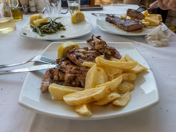 High angle view of food served on table