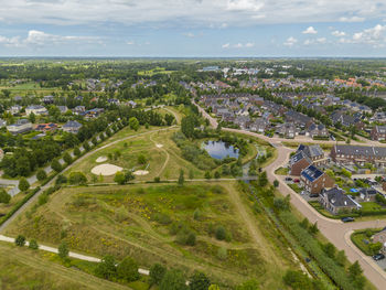 High angle view of  leek cityscape against sky