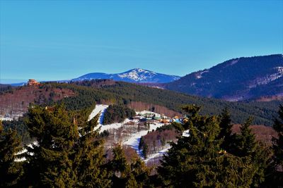 Scenic view of landscape and mountains against clear blue sky