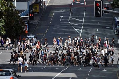 People walking on city street